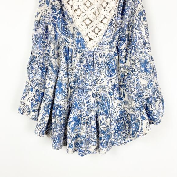 Free People Crochet Ruffle Top Blue White Lace Linen Cotton Womens Size XS - Picture 5 of 11